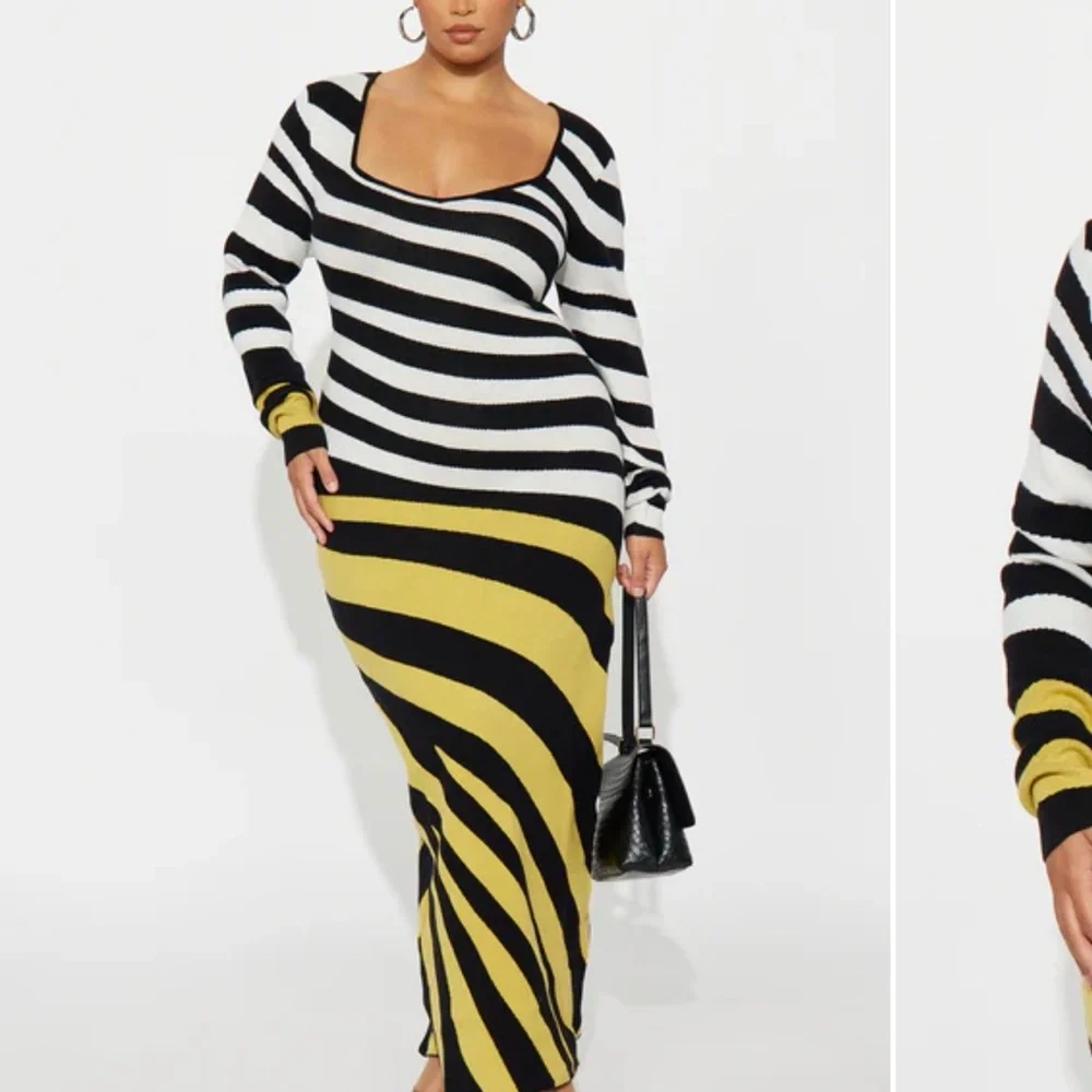 Fashion Nova Black, White & Yellow Striped Long Sleeve Bodycon Dress - Picture 2 of 2